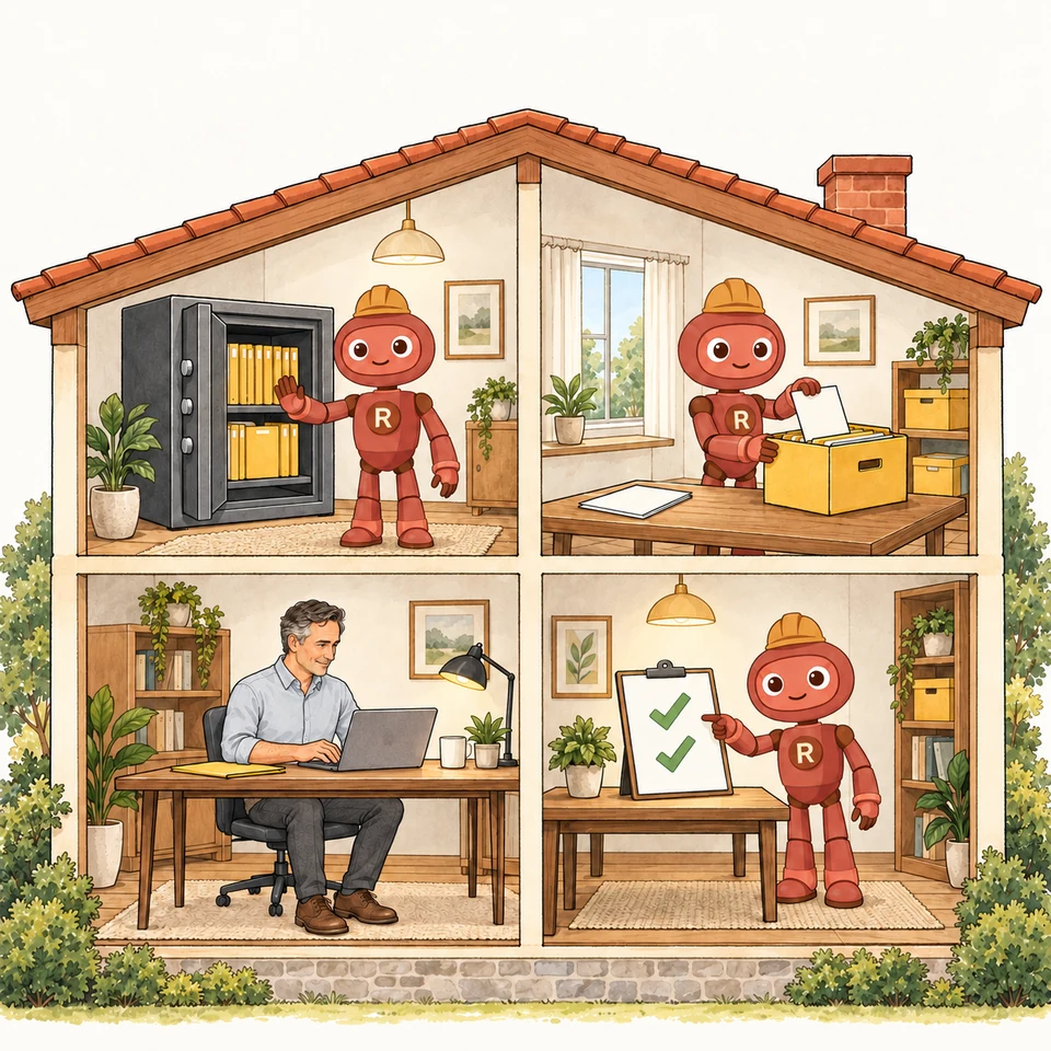 Ilustrație: o casă cu patru camere. Patronul lucrează la birou, iar Robi, mascota robOS, are grijă de seif, de copii, de dosare și de verificări.