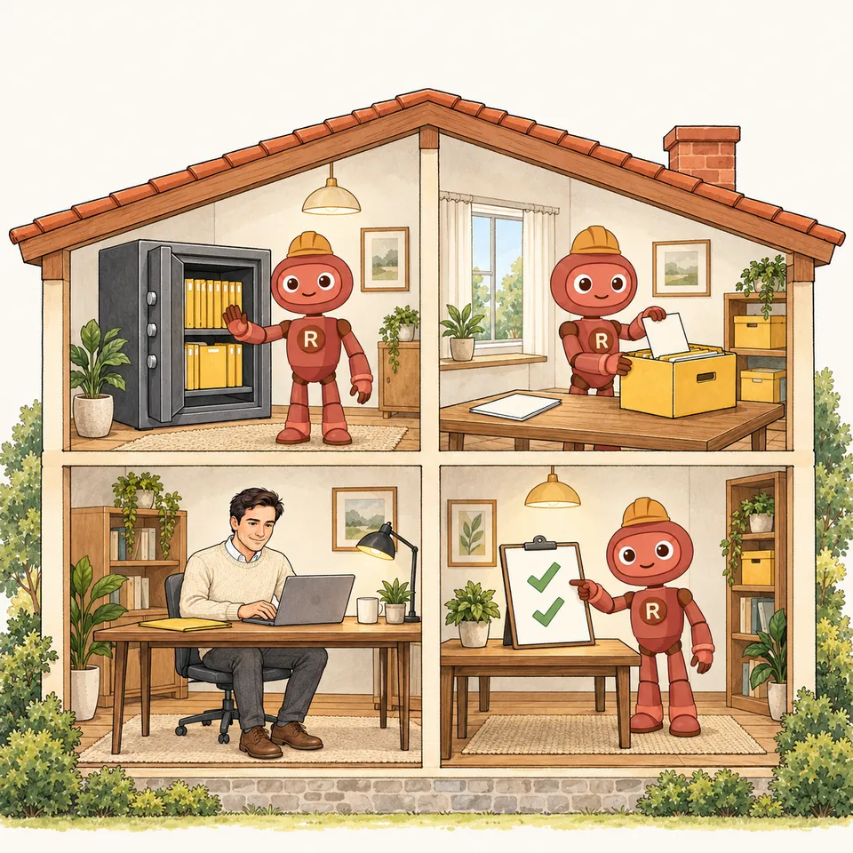 Ilustrație: o casă cu patru camere. Claude lucrează la birou, iar Robi, mascota robOS, are grijă de seif, de copii, de dosare și de verificări.