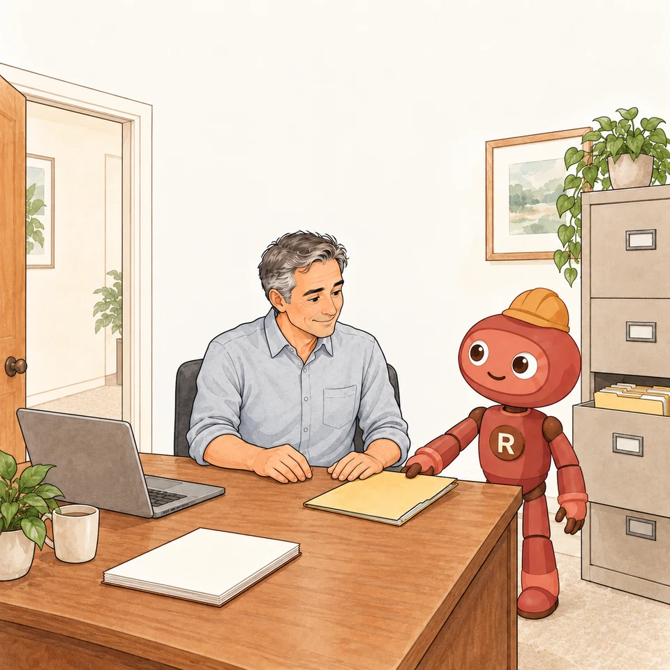 Ilustrație: patronul stă la birou, iar Robi îi pune în față dosarul unui client.
