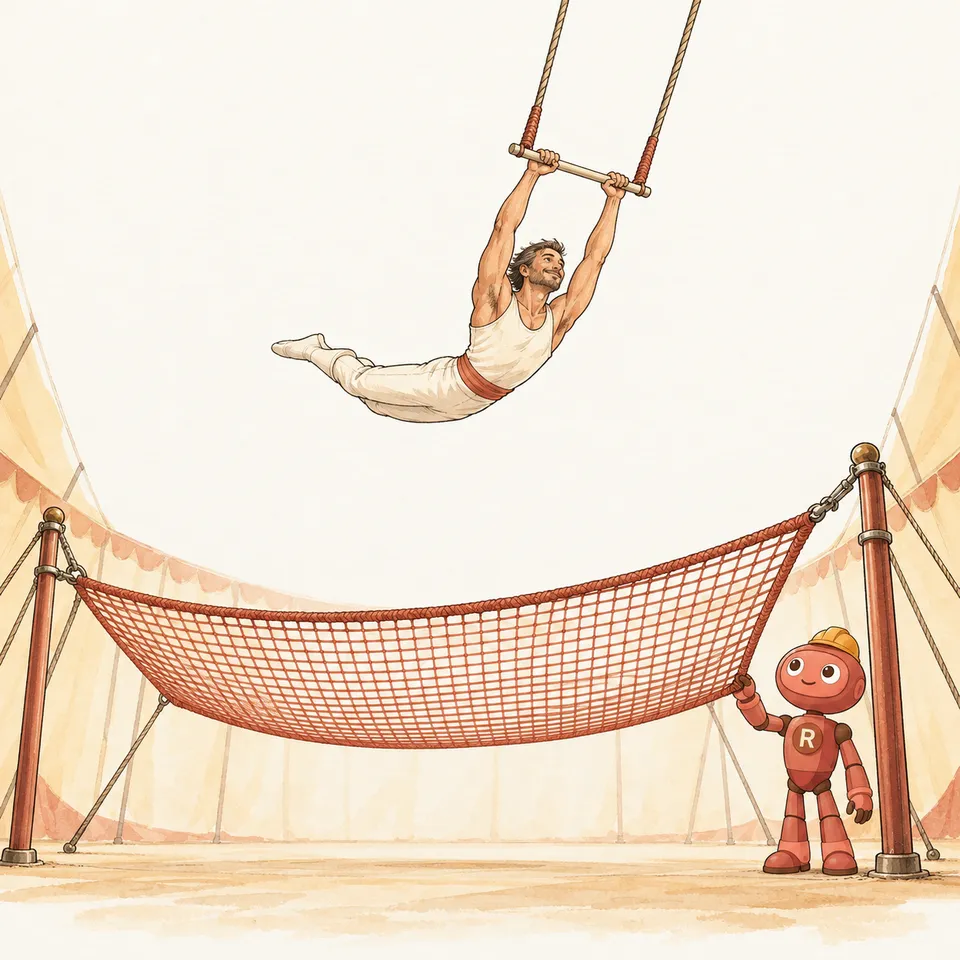 Ilustrație: un acrobat la trapez, iar dedesubt Robi ține întinsă plasa de siguranță.