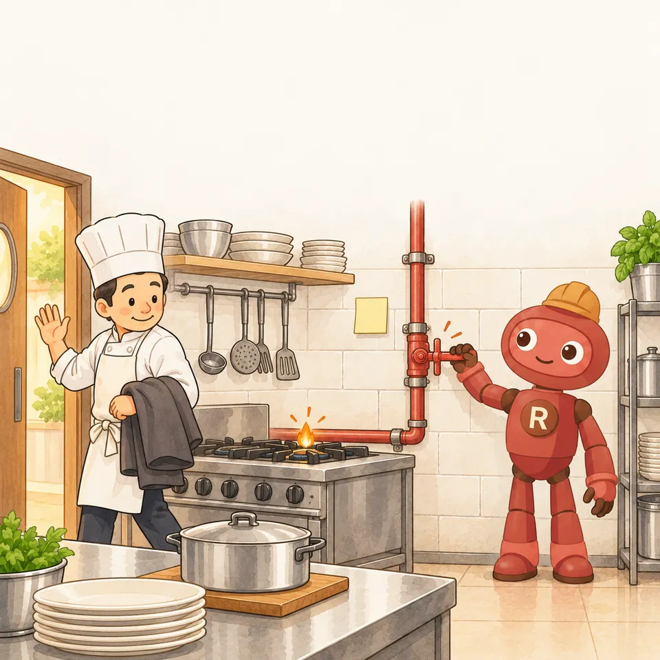 Ilustrație: bucătarul a terminat de gătit și pleacă, făcând cu mâna. Oala e luată de pe foc. Un arzător a rămas aprins din greșeală, iar Robi închide robinetul de gaz.