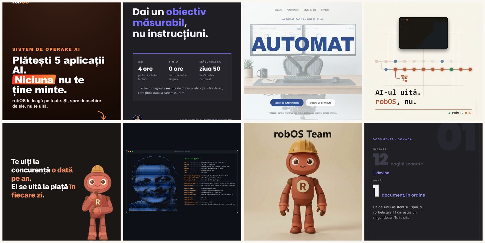 Mosaic of eight real deliverables that came out of robOS