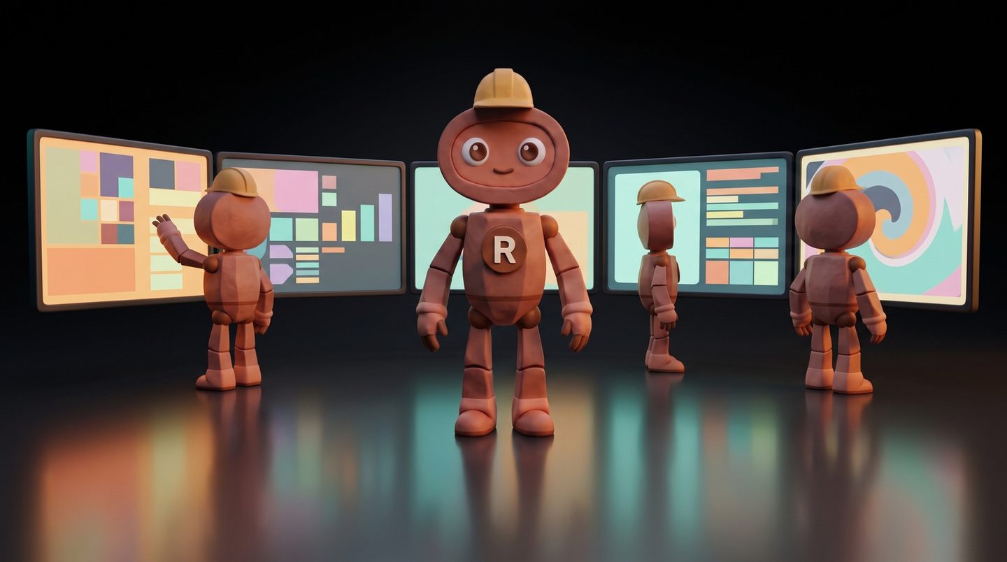 Mascota robOS cu casca de santier, in fata a cinci ecrane, cu alti agenti care lucreaza la ele